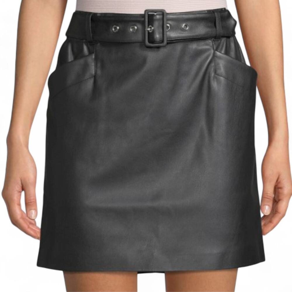 Laundry by Shelli Segal Faux Leather Belted Mini Skirt XL Black Edgy NWT Pockets